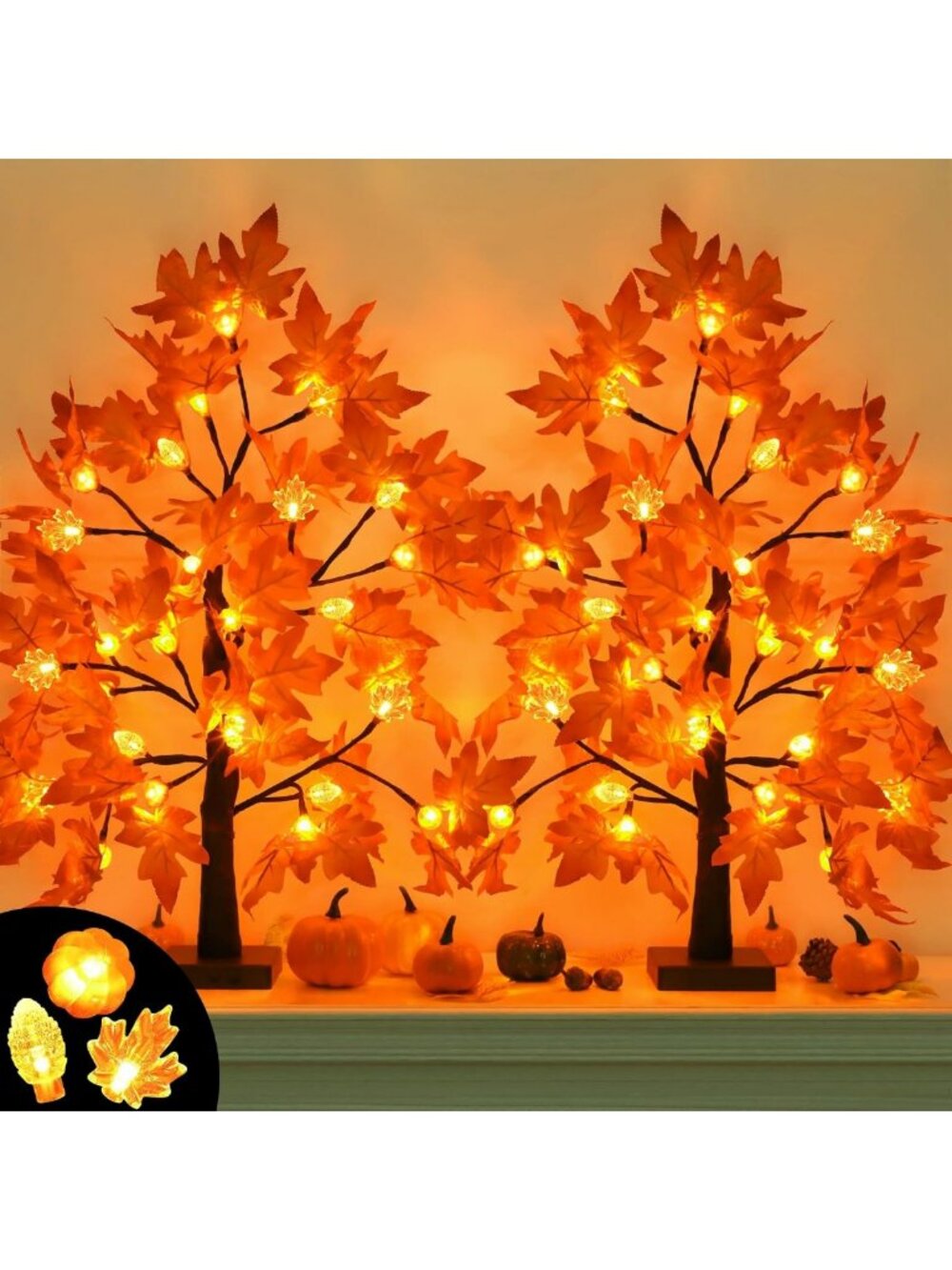 2 Pack 24 Inch LED Fall Maple Tree Decor - Battery Operated Thanksgiving Lights